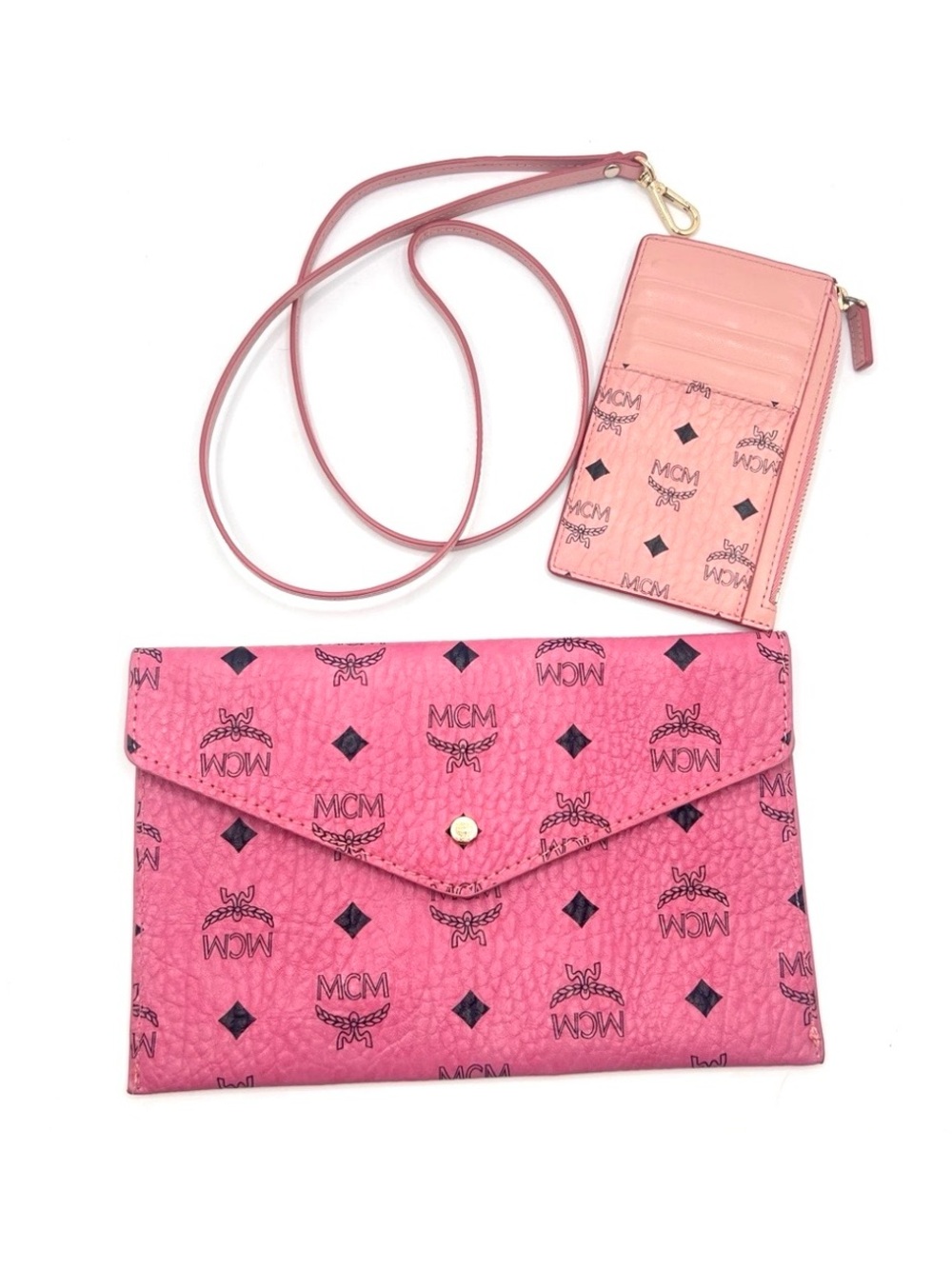 Authentic MCM Pink x Black Visetos Leather Clutch Pouch Accessory & Card Wallet